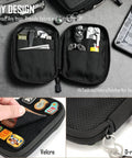 Open EDC Pocket Organizer Pouch with DIY patches area, multiple pockets filled with tools, D-ring visible for everyday carry.