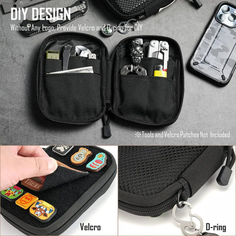 Open EDC Pocket Organizer Pouch with DIY patches area, multiple pockets filled with tools, D-ring visible for everyday carry.