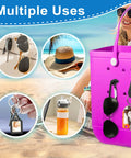 Six Pack Bogg Bag Accessories Hooks Kit With Carabiner Keychain and Charm Inserts on purple beach tote with items hanging
