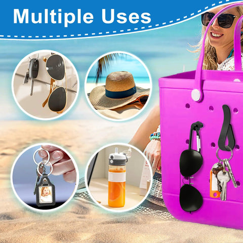 Six Pack Bogg Bag Accessories Hooks Kit With Carabiner Keychain and Charm Inserts on purple beach tote with items hanging