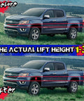 Before and after installation of Beefed-Up Adjustable Forged Torsion Bar Key showing 1-3 inch lift in Silverado truck