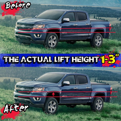 Before and after installation of Beefed-Up Adjustable Forged Torsion Bar Key showing 1-3 inch lift in Silverado truck