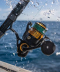 Spinfisher VII 3500 Saltwater Spinning Reel With IPX5 Seal Tough Aluminum Spool Left Right Handle Position on a boat in use