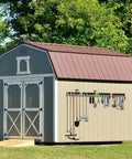 Heavy Duty Metal Garage Tool Organizer Wall Mount Kit Four Pack with tools mounted on garden shed exterior