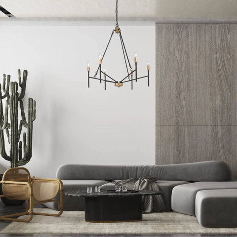 Bold Black 6 Light Modern Chandelier With Gold Finished Lamp Holders hanging in contemporary living room.