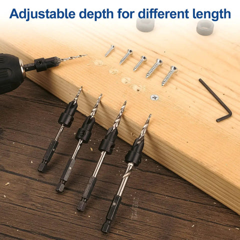 Heavy Duty Countersink Drill Bits Set Built Tough For Wood And Metal With Carbide Tips, adjustable depth with various lengths.