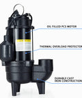 Beefy Half HP Cast Iron Submersible Sewage Pump with 2 Inch Discharge 6000 GPH Flow showing oil-filled motor and cast iron design.