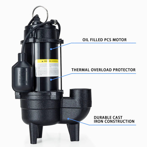 Beefy Half HP Cast Iron Submersible Sewage Pump with 2 Inch Discharge 6000 GPH Flow showing oil-filled motor and cast iron design.