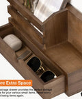 Close-up of wooden wall mount key and mail organizer with six hooks and a storage drawer, shown with items inside the drawer.
