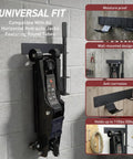 Heavy Duty Wall Mount Jack Holder For Hydraulic Floor Jacks Sturdy Steel Bracket Wall Rack Storage For Garage Or Workshop Keeps Jacks Off The Floor And Neatly Organized Secure Mount For Tool Room And Race Trailer, shown installed on a concrete wall.
