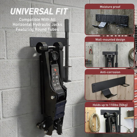 Heavy Duty Wall Mount Jack Holder For Hydraulic Floor Jacks Sturdy Steel Bracket Wall Rack Storage For Garage Or Workshop Keeps Jacks Off The Floor And Neatly Organized Secure Mount For Tool Room And Race Trailer, shown installed on a concrete wall.