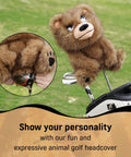 Funny Plush Bear Golf Club Head Cover for 460cc Driver fits standard size, showing bear face and faux fur details on golf course