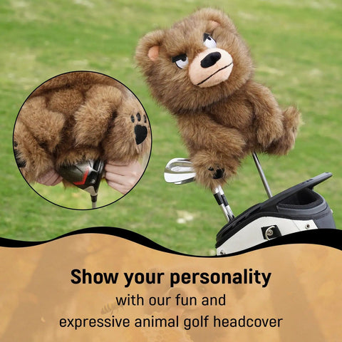 Funny Plush Bear Golf Club Head Cover for 460cc Driver fits standard size, showing bear face and faux fur details on golf course