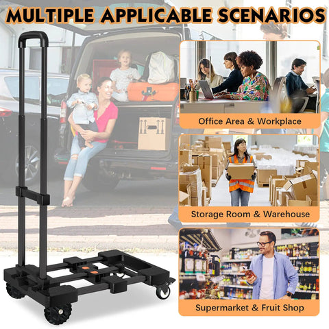 Heavy Duty Hand Truck 500 Lb Capacity With One Touch Retractable Handle And Extendable Plate, images of travel and workplace use