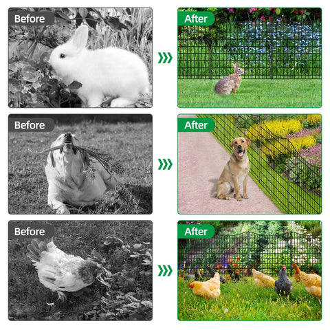 Before and after images showing No Dig Decorative Outdoor Garden Fence With 12 Panels For Easy Yard Border And Pet Playpen installed.