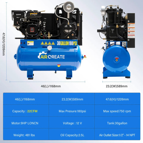30 Gallon Gas Air Compressor With 9HP Engine And 180Psi Max Pressure Offering 22cfm Flow For Heavy Duty Jobs Electric Start 302Cc Motor Portable Design Perfect For Contractors And Auto Shops