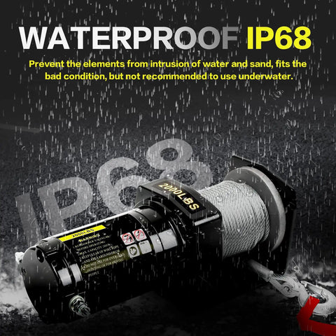 Beefy 2000 Lb Electric Winch For ATVs And UTVs 12V DC Waterproof Steel Rope Winch Kit Being Used in Heavy Rain