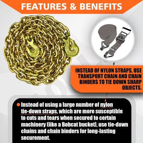 G80 Transport Binder Chain 3/8 Inch By 20 Foot With Clevis Grab Hooks, 7,100 Lbs Safe Working Load, Heavy Duty Logging Tow Tie Down Chain For Truck Trailer And Vehicle Transport Anywhere
