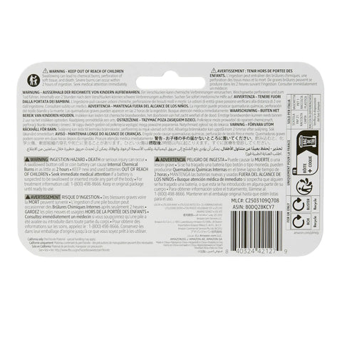 Back packaging of Top Tier CR2450 Lithium Coin Cell Battery Pack with warnings and usage instructions for safe handling.