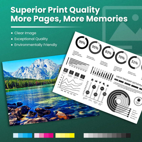 Ink quality comparison with color photo and black and white charts showing print results for 63 Ink Cartridges Combo Pack For HP 63 Black And Tri Color Remanufactured 63XL Ink Two Pack Great Value For Envy 4512 4520 OfficeJet 3830 4650 5255 DeskJet 1112 3634 3632 3639