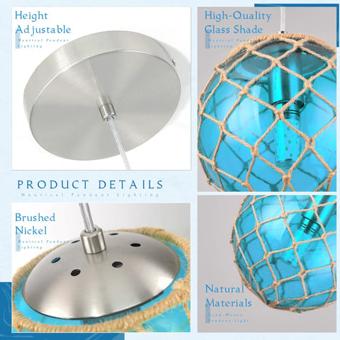 Blue Glass Coastal Pendant Light With Hemp Rope For Beach House Nautical Decor One Light Hanging Fixture Details