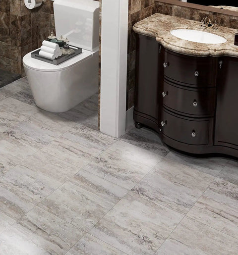 Bathroom with 32 Pack Peel And Stick Vinyl Floor Tiles 12x12 Inch Waterproof Removable Sheet Flooring Retro Laminate Look