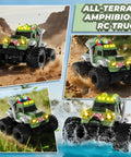 Waterproof Remote Control Car With Water Gun 1:18 Amphibious 4WD Monster Truck Off Road RC Toy splashing water and on terrain.