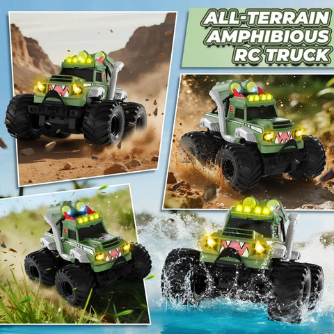 Waterproof Remote Control Car With Water Gun 1:18 Amphibious 4WD Monster Truck Off Road RC Toy splashing water and on terrain.