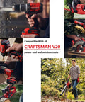 Collage of Craftsman V20 tools including drills, saws, and blower used outdoors, showcasing compatibility with V20 battery fast charger replacement.