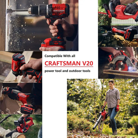 Collage of Craftsman V20 tools including drills, saws, and blower used outdoors, showcasing compatibility with V20 battery fast charger replacement.