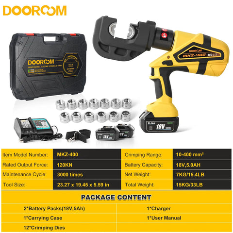 Pro-Gear Heavy Duty Electric Hydraulic Cable Lug Crimping Tool 12-Ton Battery Operated Connector Workshop with accessories.