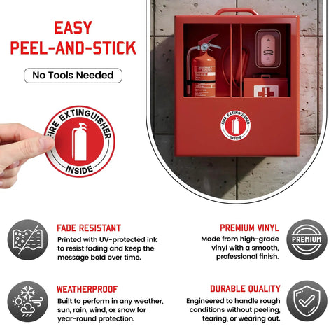 Fire Extinguisher Inside Sticker 6 Pack 2.75 Inch With Ultra Strong Adhesive Weatherproof Decals on red cabinet