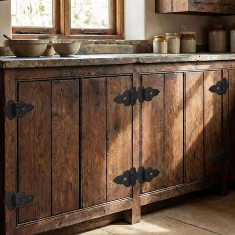 Rustic kitchen cabinets with Eight Pack 3/8 Inch Offset Cabinet Hinge Set In Antique Black Powder Coat for doors, showing vintage style.