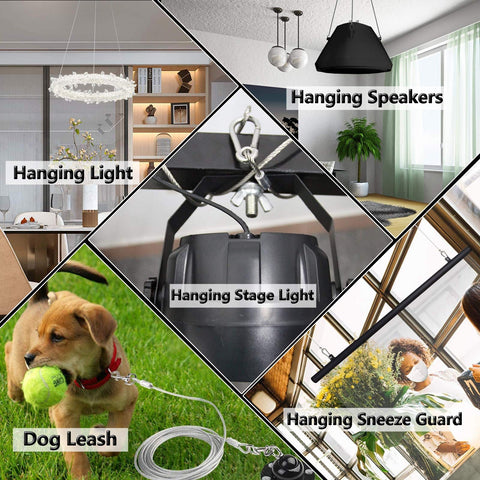 Heavy Duty Stainless Steel Safety Cable Lock With Loops And Carabiner, used for hanging lights, speakers, dog leash, sneeze guard.