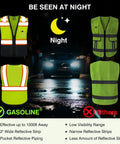 Heavy Duty Class 2 High Visibility Reflective Safety Vest With Zip Front And Five Pockets Ansi Certified Workgear displayed at night with reflective strips.