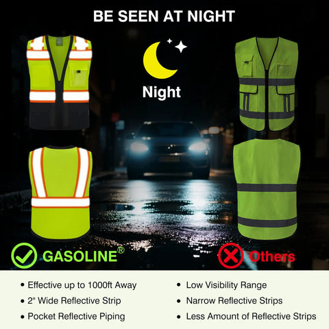 Heavy Duty Class 2 High Visibility Reflective Safety Vest With Zip Front And Five Pockets Ansi Certified Workgear displayed at night with reflective strips.