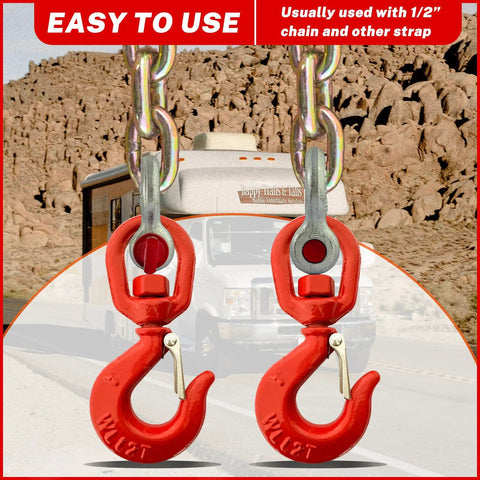 Heavy Duty 2 Ton Swivel Hooks With D Ring Shackle And 0.5 Inch Shackle, G80 Rated Lifting Hooks, 4,400 Lbs Safe Load Limit, Alloy Steel Round Rotating Trailer Chain Hooks used with 1/2 inch chain