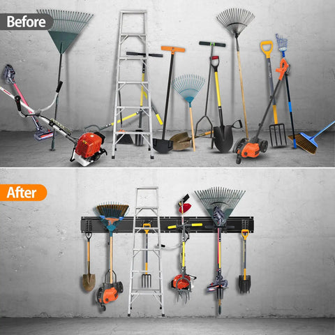 Before and after using Garage Organizer Wall Mount Rack With Six Removable Hooks Heavy Duty Steel Tool Hanger for tool storage