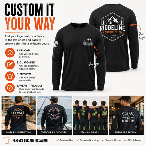Premium Custom Men Long Sleeve Work Shirt Built Different Heavy Duty Hi Vis Safety Apparel Company Uniform Logo Print Durable black shirt with custom design.