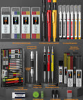 Real Deal Carpenter Marking Kit Featuring Heavy Duty Pencils With Colorful Refills Plus Mechanical Pencils Bold Markers A Rock Solid Carbide Scribe And Exact Layout Gauge Built Tough For Quick Job Site Drafting And Dead On Measurements arrangement with graphite pencils, markers, scribe tool, and pen case.