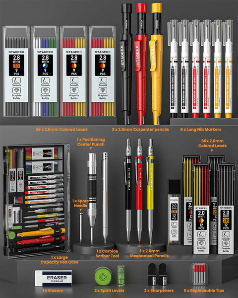 Real Deal Carpenter Marking Kit Featuring Heavy Duty Pencils With Colorful Refills Plus Mechanical Pencils Bold Markers A Rock Solid Carbide Scribe And Exact Layout Gauge Built Tough For Quick Job Site Drafting And Dead On Measurements arrangement with graphite pencils, markers, scribe tool, and pen case.