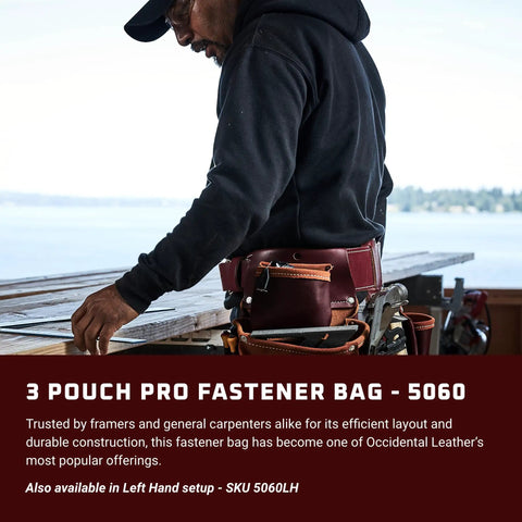 Carpenter using 3 Pouch Pro Fastener Bag For Carpenters With 9 Pockets And Tool Holders, Durable Leather Tool Bag in Cafe Color, Made in USA