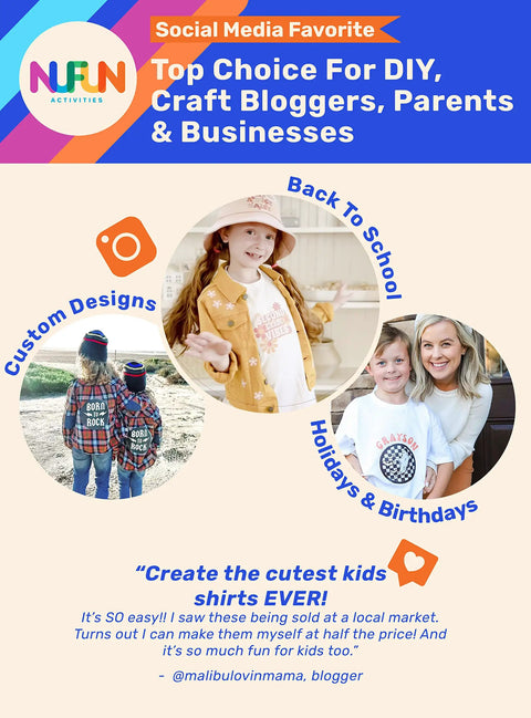 Collage showcasing custom kids shirts, children wearing designed tees, and promotion text for DIY crafting and business use.