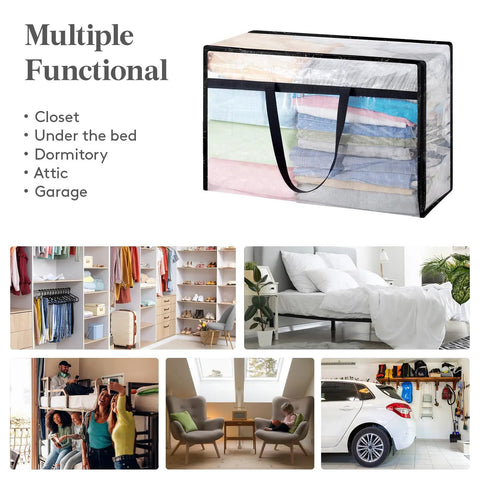 Roomy Clear Storage Sacks, Heavy Duty 60L Zippered Packing Bags For Seasonal Clothes And Bedding, clear bags holding folded clothes.