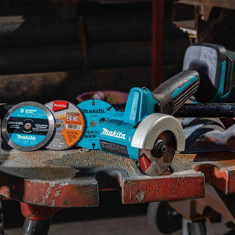 18V LXT Brushless Cordless 3 Inch Cut Off Tool, Tool Only With One Hand Operation, Forward And Reverse Switch shown on a bench