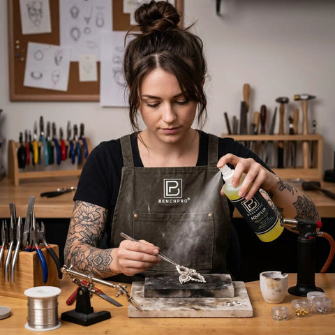 Jeweler using Self Picking Flux For Gold Silver And Platinum Jewelry Making Water Based Hard Soldering Flux 8 Oz Half Pint Bottle