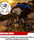 Cyclist on mountain trail with inset of Complete Bike Brakes Set with Inner and Outer Calipers Cables and Levers Universal Kit