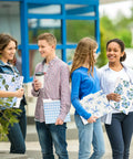 Students holding Hydrangea Floral File Folders Set, 24 Pack With One Third Cut Tabs, Four Designs, Blue Bow Plaid Accents.