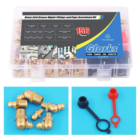 156 Piece Metric And SAE Hydraulic Grease Fittings Kit With Brass Zerk Nipples, Straight, 45 Degree, and 90 Degree Angles