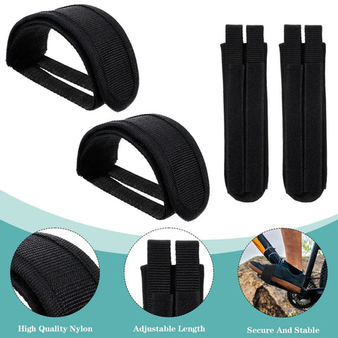 4 Pack Black Pedal Straps For Fixed Gear Bikes, Adjustable Foot Rest Strips with durable nylon material, front and rear view